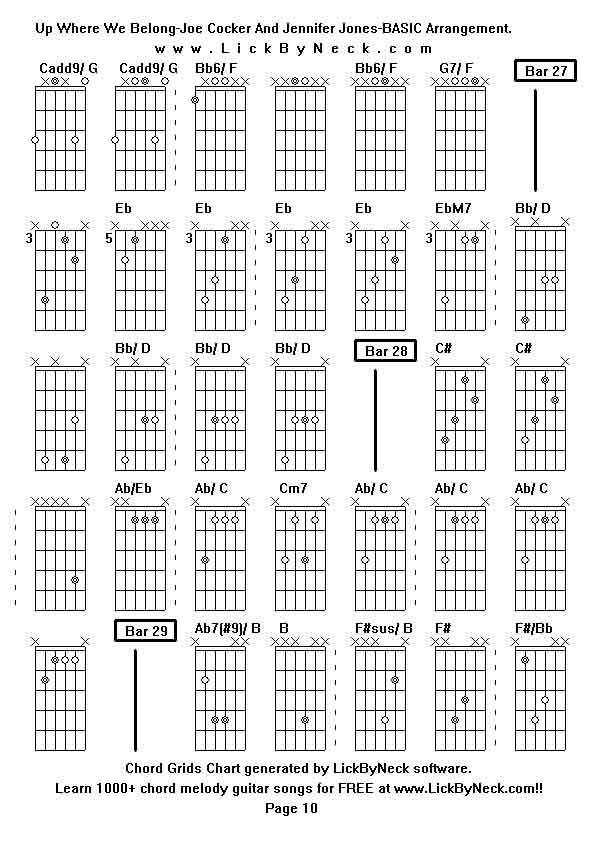 Chord Grids Chart of chord melody fingerstyle guitar song-Up Where We Belong-Joe Cocker And Jennifer Jones-BASIC Arrangement,generated by LickByNeck software.